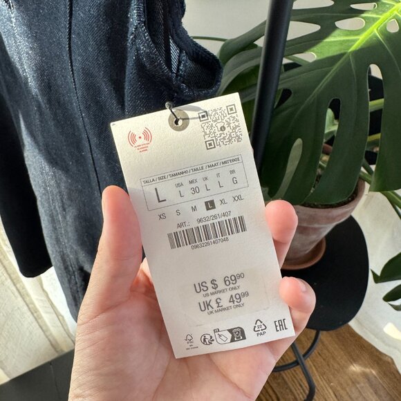 ZARA Dark Wash Denim Mini Dress with Deep V Neck – Size L (NWT) - Picture 4 of 10